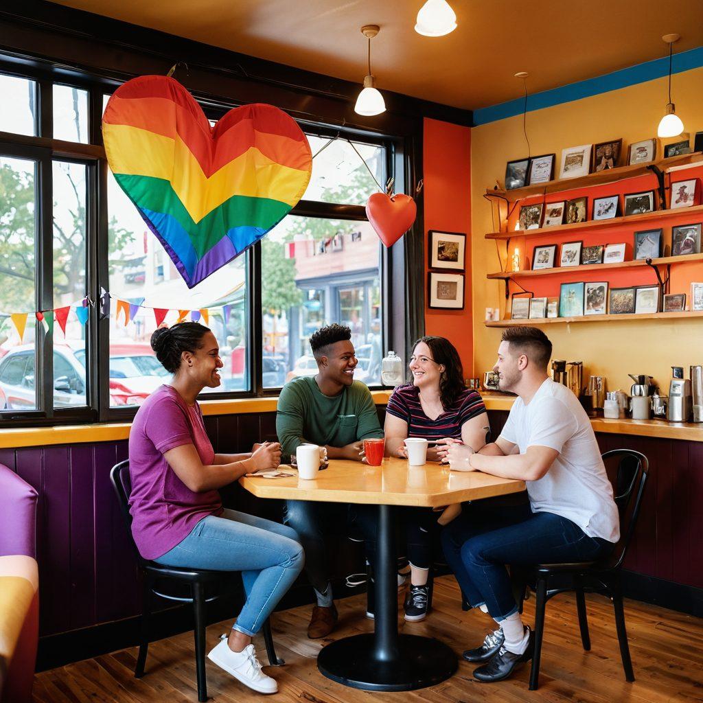 A vibrant and inclusive scene depicting diverse individuals from the LGBTQ community joyfully engaging in conversation and laughter in a cozy café setting. Include symbols of love and acceptance in the decor, such as rainbow flags and heart motifs. Capture a warm, inviting atmosphere with comfort food and colorful beverages on tables, emphasizing connection and friendship. super-realistic. vibrant colors. cozy ambiance.