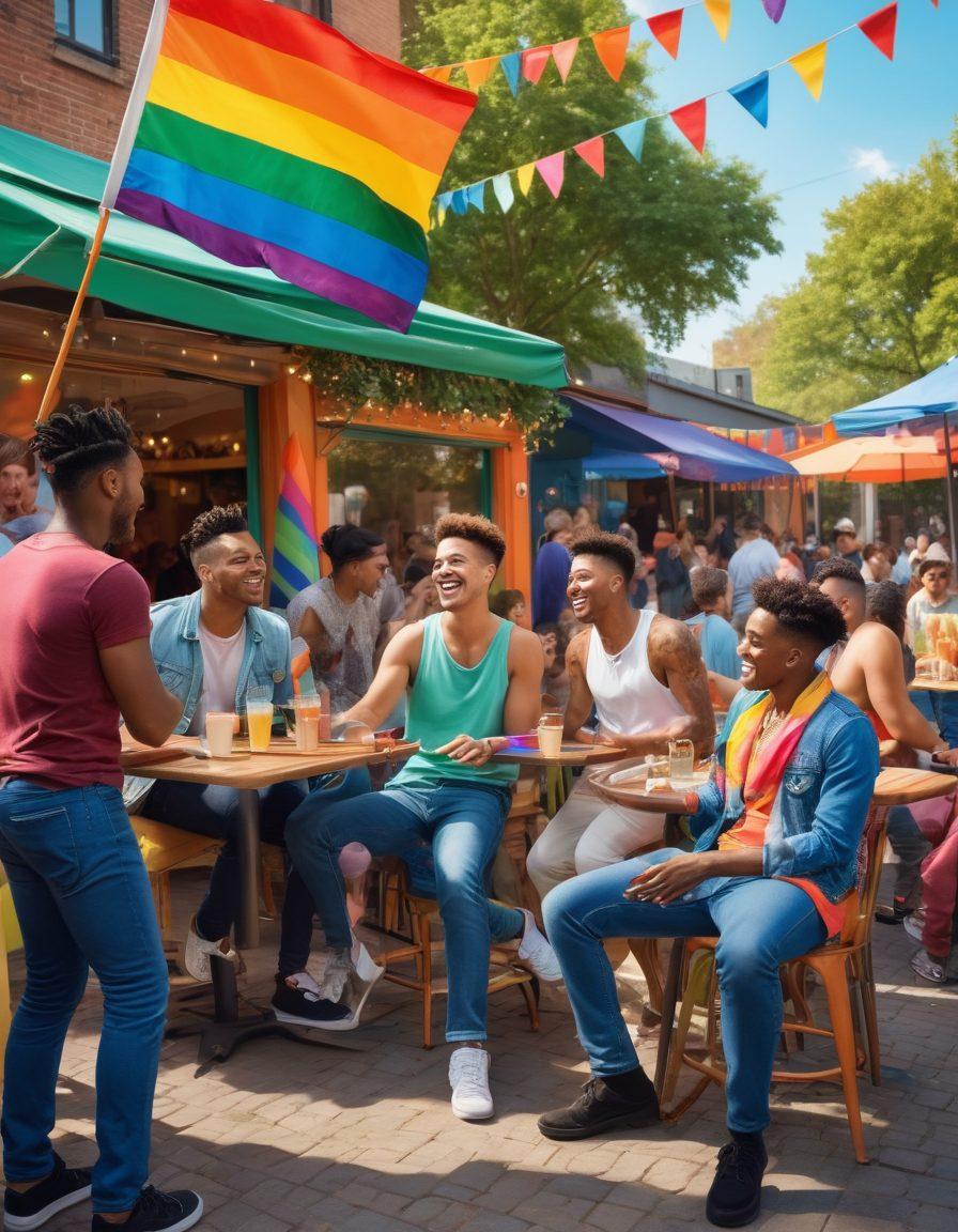 A vibrant urban scene featuring diverse queer men engaging in various social activities, such as laughing in a café, dancing at a party, and sharing moments of friendship in a park. Incorporate elements of inclusivity, like pride flags and colorful street art, symbolizing connection and community. Use warm, inviting colors to evoke a sense of joy and belonging. digital illustration. vibrant colors. 3D.
