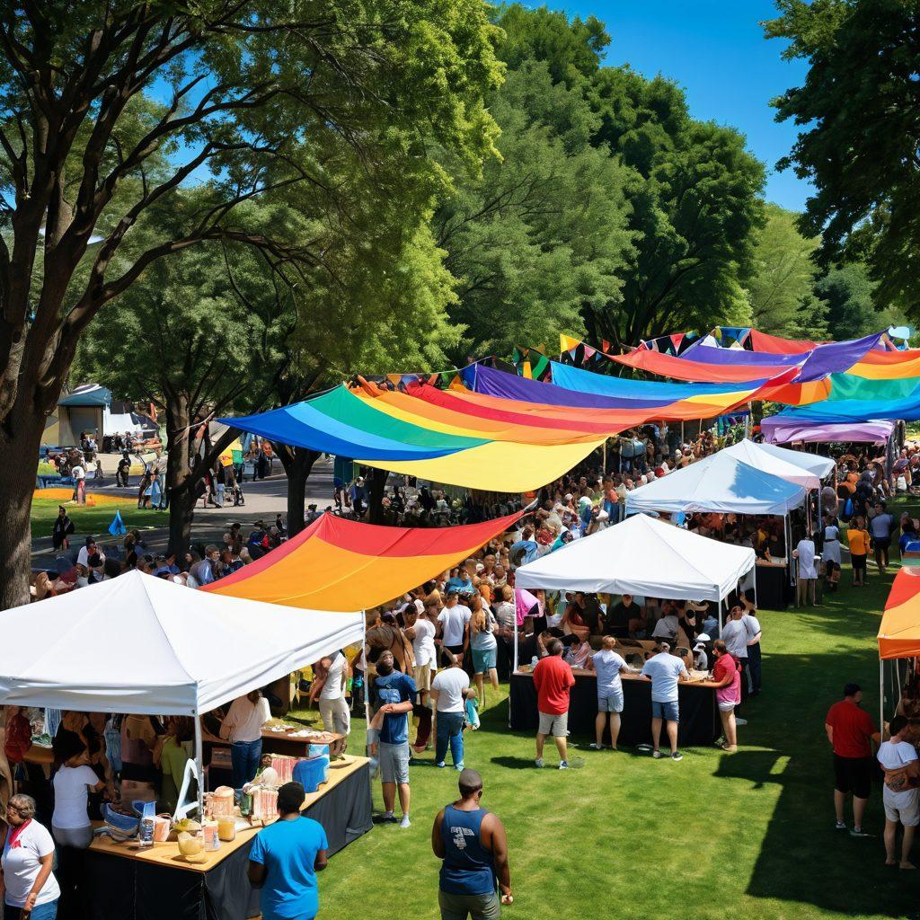 A vibrant community gathering scene featuring diverse LGBTQ individuals engaging in a lively outdoor event, with colorful banners and flags representing pride, booths showcasing local organizations, and people participating in interactive activities. The backdrop includes a park with trees and a clear blue sky, emphasizing inclusivity and joy. super-realistic. vibrant colors. outdoor festival.